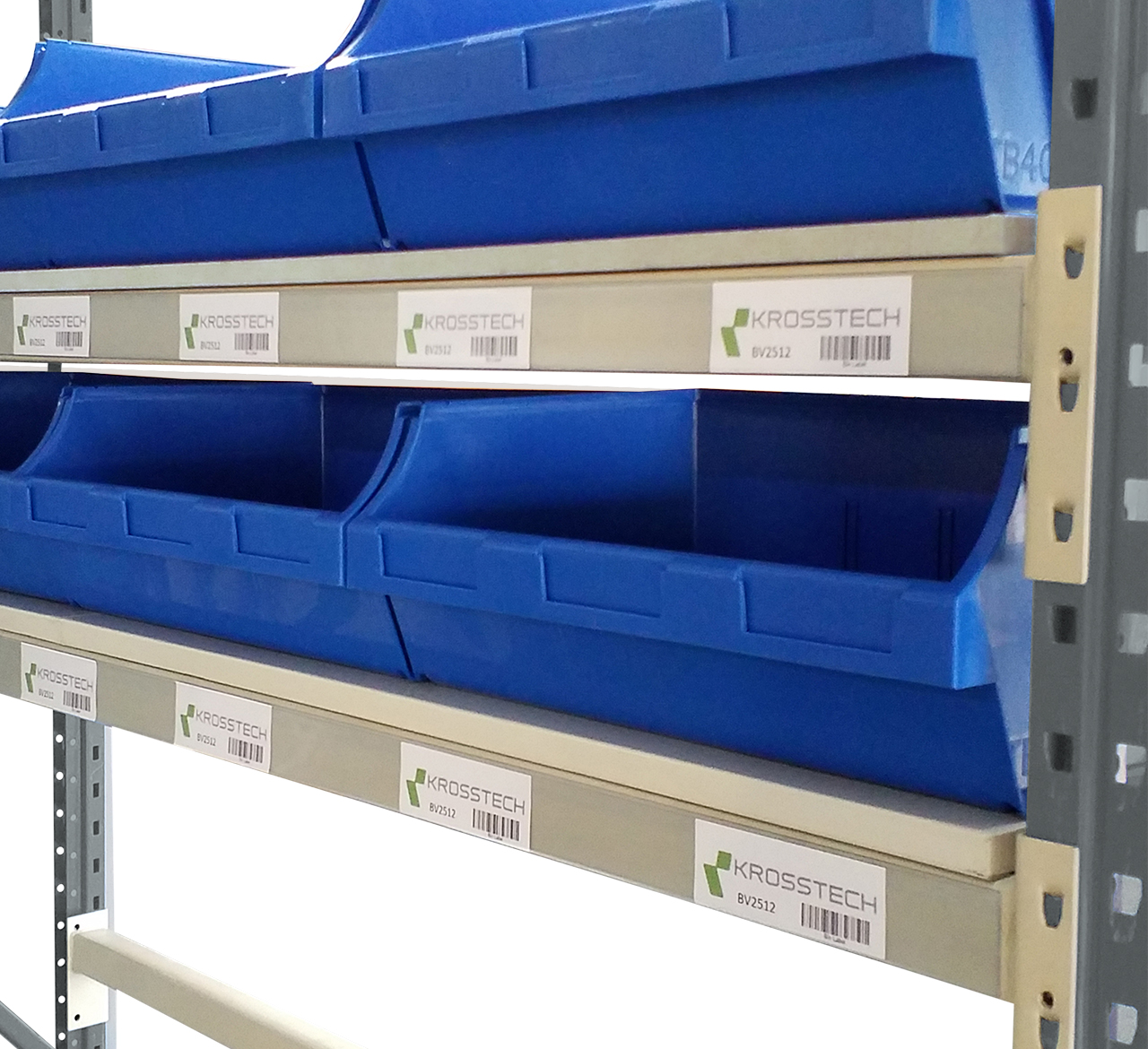 Shelf Adhesive Label Holder on Flat Shelf With Bins